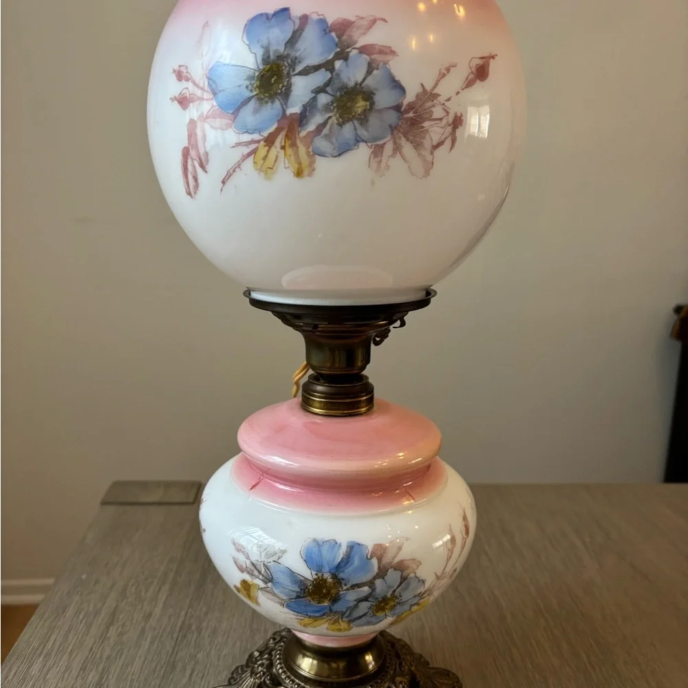 Floral Glass Table Lamp with Pink and Blue Accents - Picture 7 of 15